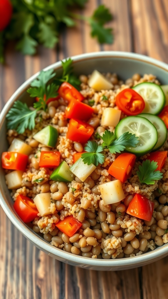 Lentil and Quinoa Bowl Recipe A colorful lentil and quinoa bowl with vegetables and parsley on a rustic table.